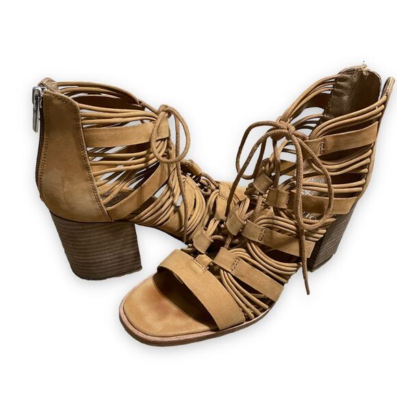 Vince Camuto | Kaiann Tan Suede Leather Lace Up Cut Out Block Heel Sandals - Picture 1 of 11
